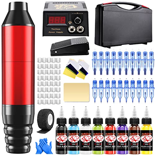 Starter Tattoo Kit Complete Tattoo Pen Kit for Beginners with Portable Carry Box and 20Pcs Tattoo Cartridge Needles 8 Bottles Tattoo Inks Tattoo Power Supply Practice Skin Foot Padel Rotary Tattoo Machine Set