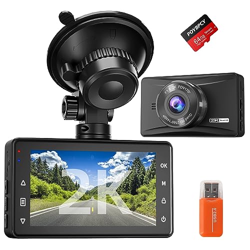 Dash Cam Front 2K with Free 64 GB SD Card 1440P Quad HD Dash Camera for Cars 3'' IPS Screen Dashboard Driving Recorder with Superb Night Vision,170 Wide Angle,G-Sensor,WDR,Loop Record,Park Mode,USB C