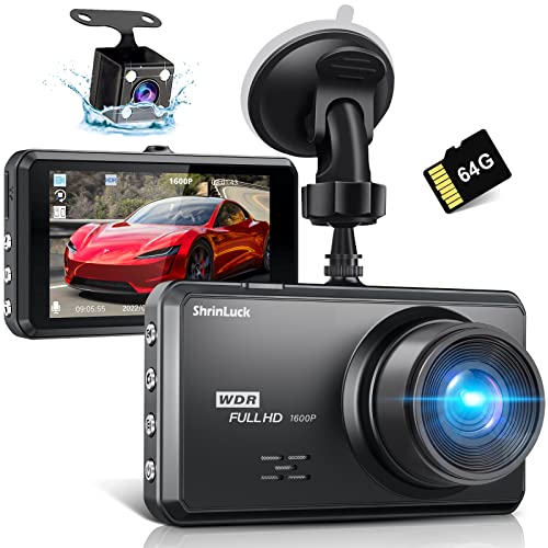 ShrinLuck 2.5K Dash Cam Front and Rear, 64G SD Card, 1600P+1080P FHD Dual Dash Camera for Cars,3.2'' IPS Screen,176+160 Wide Angle Dashcam, G-Sensor,Night Vision,WDR,Parking Monitor,Loop Recording