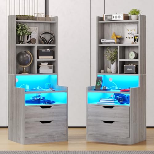 BTHFST Tall Nightstand Set of 2, LED Nightstand with Charging Station, Bedside Table with Shelves and 2 Drawers, Tall Side End Table with LED Lights and Storage, Grey