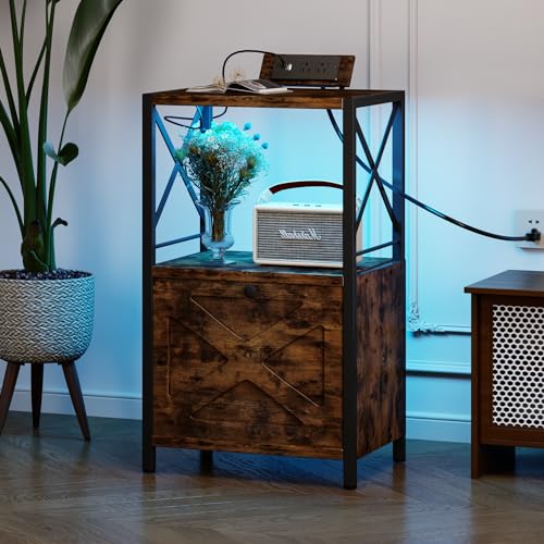 Homeiju Nightstand with Charging Station and LED Light, End Table with Large Drawers and Open Shelf, Side Table with USB Ports and Outlets, Bed Stand End Table for Bedroom, Rustic Brown