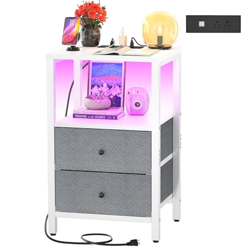 Cyclysio NightStand with Charging Station and LED Lights, Night Stand with 2 Drawers, 25.6'' End Table Bedside Tables with Storage, 3 Tier Tall Night Stand with Storage for Bedroom Living Room, White