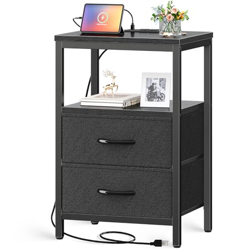 Huuger Nightstand with Charging Station, Side Table with Fabric Drawers, End Table with Open Shelf, Bedside Table with USB Ports and Outlets, Night Stand for Bedroom, Black