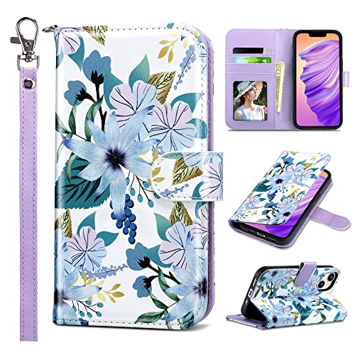 ULAK Compatible with iPhone Wallet 14 Case for Women, Premium PU Leather Flip Cover with Card Holder and Kickstand Feature Protective Phone Case Designed for iPhone 14 2022 6.1 Inch, Blossom