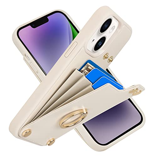 LAMEEKU Wallet Case Compatible with iPhone 14, Case with Card Holder, RFID Blocking Leather Cover 360Rotation Ring Kickstand Protective Bumper Designed for Apple iPhone 14 6.1'' (2022) Beige