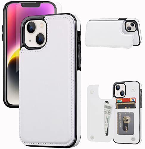 JOYAKI Wallet Case Compatible with iPhone 14, Slim Protective case with Card Holder,Premium PU Leather Kickstand Card Slots Case with a Screen Protective Glass for iPhone 14(6.1")-White