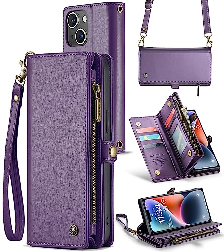 ASAPDOS iPhone 14 Case Wallet,Retro Suede PU Leather Strap and Crossbody Wristlet Flip Case with Magnetic Closure,[RFID Blocking] Card Holder and Kickstand for Men Women(Purple)