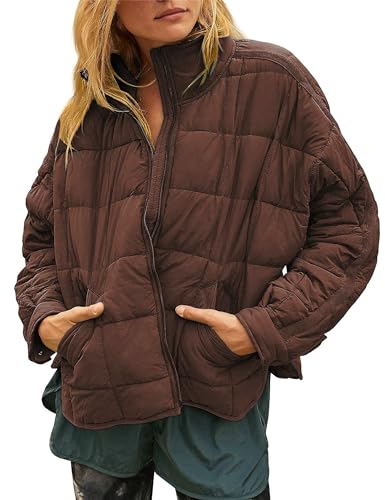 Huaqiao Womens Quilted Puffer Jackets Lightweight Zipper Short Oversized Padded Coat with Pockets(Brown-L)