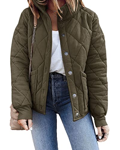 Womens Dolman Quilted Jackets Casual Button Down Winter Long Sleeve Stand Neck Lightweight Warm Coat