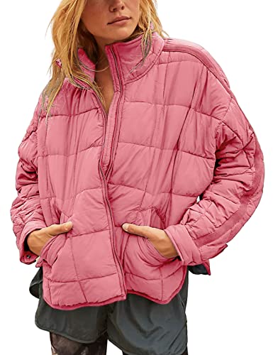 Bianstore Women's Oversized Splice Quilted Lightweight Puffer Jacket Casual Padded Coat(Pink-M)