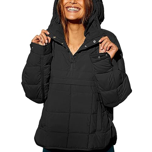 AMEBELLE Women's Oversized Hooded Puffer Jacket Quilted Lightweight Winter Warm Pullover Padded Hoodies Coat(2611-Black-M)