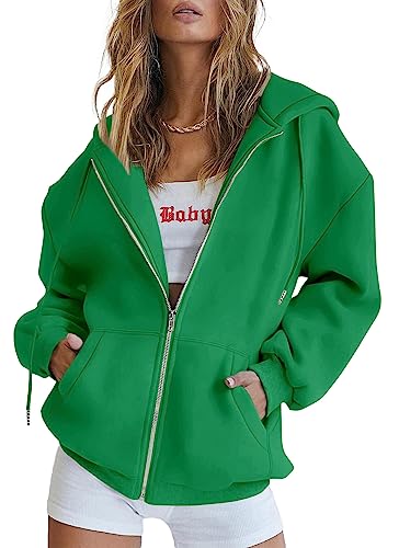 PRETTYGARDEN Women's 2023 Zip Up Y2K Hoodies Casual Long Sleeve Sweatshirts Fall Track Jackets With Pockets (Green,Medium)