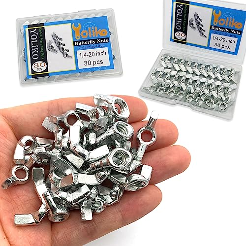 Yoliko 30 PCS 1/4-20 Inch Wingnuts, Quality Carbon Steel Wing Nuts Zinc Plated Fasteners Parts Butterfly Nut, Hand Twist Tighten Hardware Nuts Butterfly Wing-Nut 1/4-20 Assorted Kit