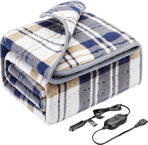 Elantrip Machine Washable Electric Heated Blanket12 Volt, 70 Degrees Automatic Power Offapplicable to Car Vehicle Truck SUV, Flannel Heated Travel Blanket with Temp Controller 40x55 in(Blue)