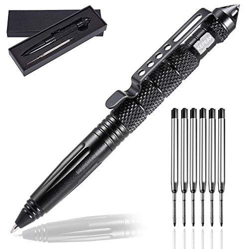 KEPEAK Military Tactical Pen, Professional Self Defense Pen, Emergency Glass Breaker Pen - Tungsten Steel, Writing Tool with 6 Refill (black)