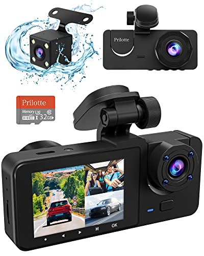 3 Channel Dash Cam Front and Rear Inside, 4K Full HD 170 Deg Wide Angle Dashboard Camera with 32GB SD Card,2.0 inch IPS Screen,Built in IR Night Vision,G-Sensor,Loop Recording,24H Parking Recording