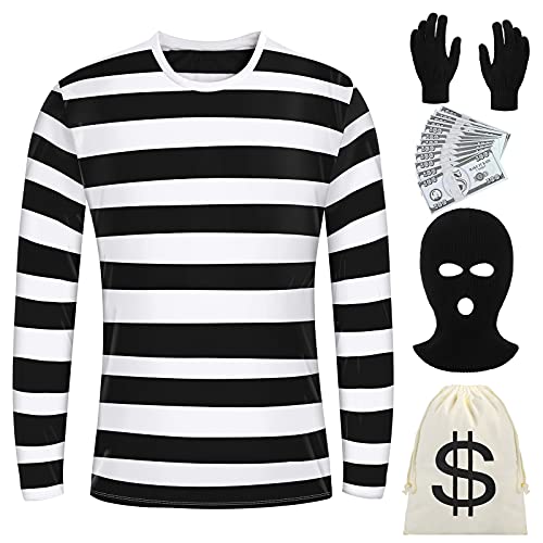 URATOT Adult Halloween Robber Costume Set Prop Money Black Gloves Face Cover White Striped T-Shirt Bags, L