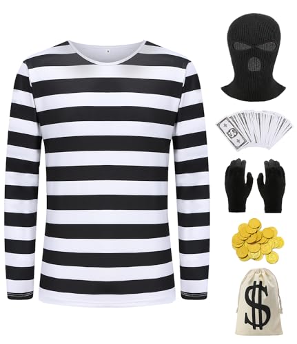 Halloween Robber Costume Men Adult Bank Thief Cosplay Striped T Shirt with Ski Mask Gloves Canvas Bags Accessories QM011L