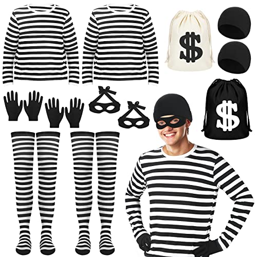 Jiuguva 16 Pieces Halloween Robber Costume Set Black and White Striped Tee Shirt Canvas Bag Gloves Eye Patch and Beanie Cap Thief Accessories for Halloween Bank Police Robber Theme Party Favors