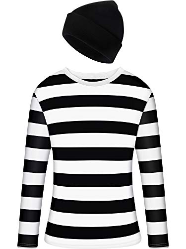 Robber Costume Set Stripe Long Sleeves Shirt Beanie Hat for Halloween Cosplay Favor (XXL)