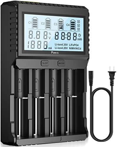 18650 Battery Charger with Testing Functions, POWXS Universal 3.7V Charger for Li-Ion Rechargeable Batteries IMR Lithium 26650 21700 18650 16340 14500 10440, Ni-Mh/Ni-Cd AA AAA C Batteries