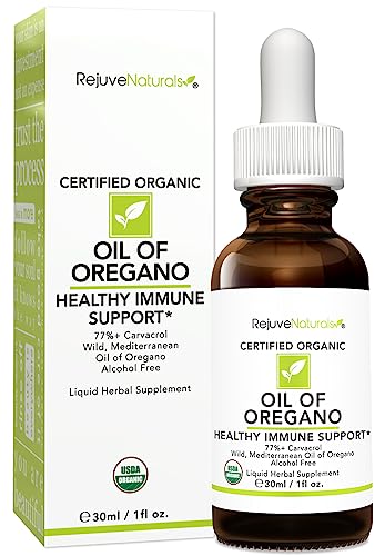 RejuveNaturals Oil of Oregano, USDA Organic - 1 fl oz (30ml Liquid) Wild, Mediterranean Oregano Oil. Concentrated Immune Support Drops. Gluten Free, Vegan & Non-GMO. Min 77% Carvacrol