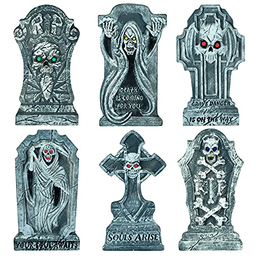 JOYIN 6 Packs Halloween Foam Tombstone Decorations, Stone Looking Headstone and Bonus Metal Stakes for Yard Sign Decoration, Outdoor Halloween Props, Halloween Yard Lawn Decorations