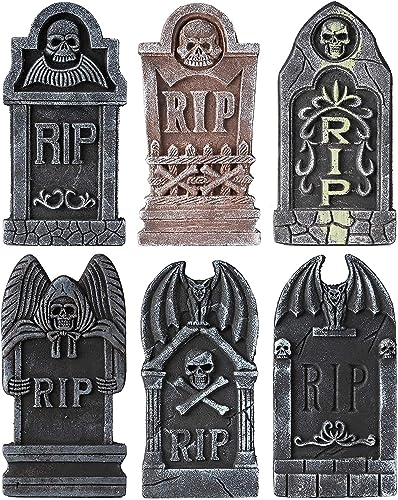 HBlife 15.75 Inch Halloween Tombstones Decorations (6 Pack), Foam RIP Graveyard Tombstone Decor with 14 Stakes for Outdoor, Indoor and Yard, Style A