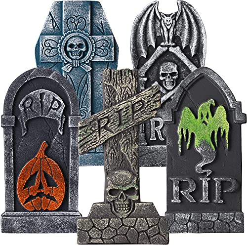 STARRYBB 17 Halloween Foam RIP Graveyard Tombstones 5 Pack Headstone Decorations and 12 Bonus Metal Stakes Spooky Halloween Yard Decorations for Outdoor & Indoor Tombstone Decorations