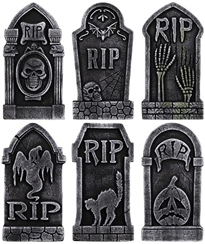 Jelofly Halloween Decorations Graveyard Tombstones (6 Pack), Foam RIP Yard Signs Headstone Decorations with 12 Stakes for Halloween Lawn Yard Decorations