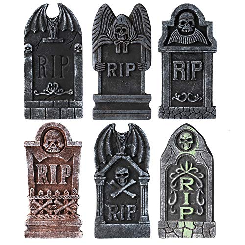 Jelofly Halloween Decorations Graveyard Tombstones (6 Pack), Foam RIP Yard Signs Headstone Decorations with 12 Bonus Stakes for Halloween Lawn Yard Decorations