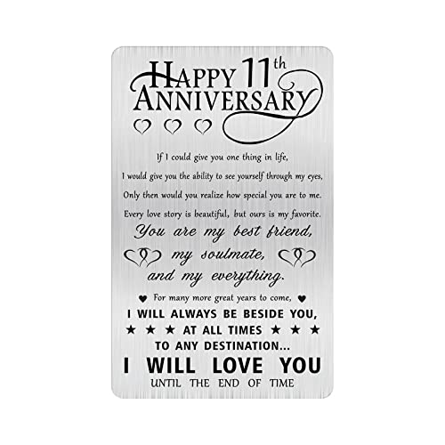 Alotozo 11th Anniversary Steel Gifts Card for Husband Him Her, Happy 11 Years Wedding Anniversary Engraved Wallet Card for Boyfriend Men Women