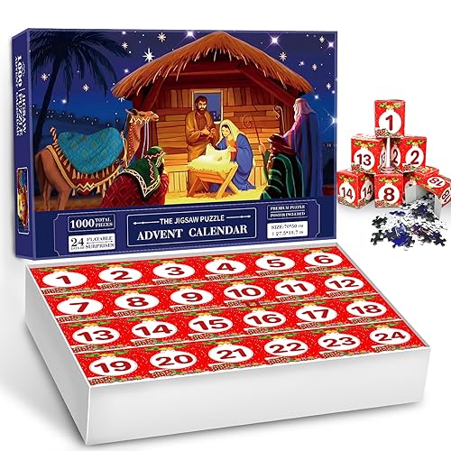 Christmas Advent Calendar 2023 Nativity Jigsaw Puzzles 1000 Pieces for Adults, 24 Days Christmas Countdown Calendar for Women Men, Christmas Countdown Advent Story Puzzles Holiday Family Game Gift