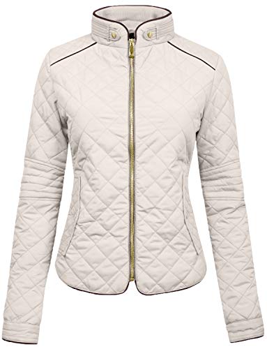 NE PEOPLE Womens Quilted Jacket  Lightweight Long Sleeve Full Zip Up Casual Stand Collar Coat Outerwear with Pockets NEWJ22 Ivory L