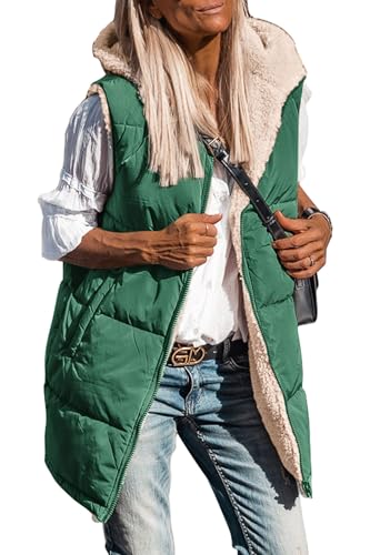 PRETTYGARDEN Womens 2023 Fall Reversible Vests Sleeveless Fleece Jacket Zip Up Hoodie Pockets Long Warm Winter Coat Outerwear (Dark Green,Large)