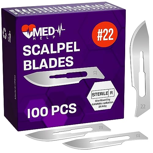 MedHelp Pack of 100 Disposable Scalpel Blades #22, Size 22 Surgical Blades, High Carbon Steel Dermaplane Blade Tool. Individually Wrapped #22 Scaple Blade, Sterile