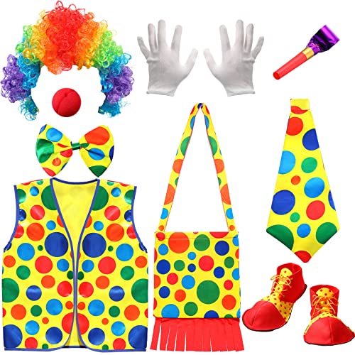 9 Pieces Clown Costume Accessories, Clown Set, Wig, Nose, Bow Tie, White Gloves, Shoulder Bag, Shoes, Vest, Neck Tie, Blow out Circus Prop Men Women Halloween Carnival Cosplay Birthday Party Favors