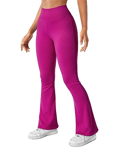 SUUKSESS Women Ribbed Seamless Tummy Control Flare Leggings Bootcut High Waist Workout Yoga Pants 31'' (Hot Pink,M)