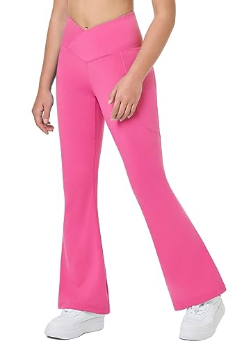 BALEAF Girls' Leggings Flare Pants Cross High Waisted Kids Yoga Dance Casual Bell Bottoms Leggings with Pockets Hot Pink M