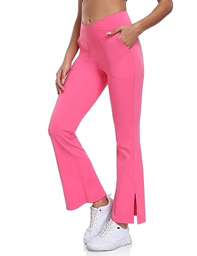 YUNOGA Women's Flare Leggings with Pockets, Crossover High Waist Buttery Soft Bootcut Yoga Pants, Split-Hem Bell Bottom Pants (XS, Hot Pink)