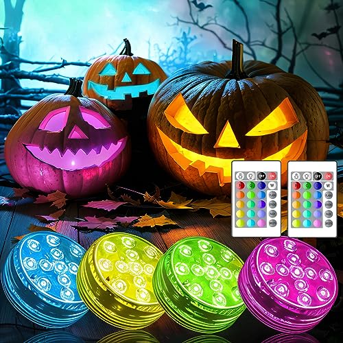 POOCCI Halloween Pumpkin Lights with Remote, Waterproof Puck Lights Outdoor 16 Colors Changing Tea Lights Battery Operated Candle Lights for Thanksgiving Halloween Harvest Home Decor-4 Pack