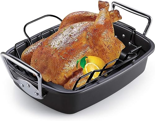 Cook N Home Nonstick Roasting Pan Bakeware Roaster with Rack, 17x13-inches, Black