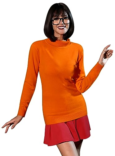 Halloween Women's Velma Costume Adult Casual Orange High Neck Sweater Flare Skater Red Skirts 2XL