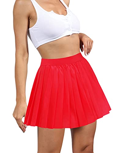 Afibi Women Short Uniform High Waist Pleated Skater Tennis Skirt with Shorts (X-Small, Red)