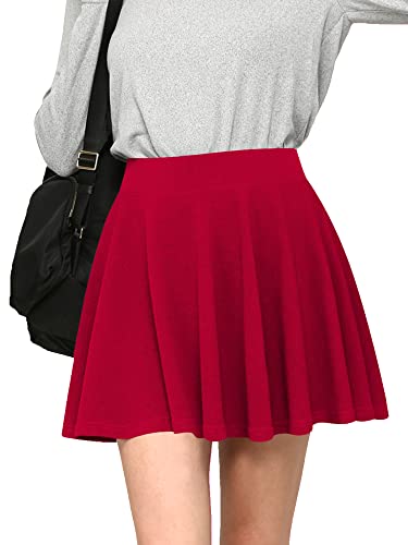 MBJ WB2382 Women's Casual Mini Flared Plain Pleated Skater Skirt with Shorts L RED