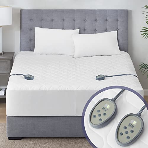 MP2 Dual Controlled Heated Mattress Pad Queen Size | Bed Warmer with Pre-Heat, 5 Heat Settings and 10 Hours Auto Shut Off | Fit Up to 19 Inches - 60x80 Inch, White