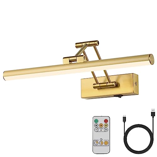 Joossnwell Wireless Picture Light Battery Operated with Remote LED Art Lights for Paintings Rechargeable Dimmable and Timer 15.5" Brass Picture Lights for Wall Gallery Light with Adjustable Swing Arm