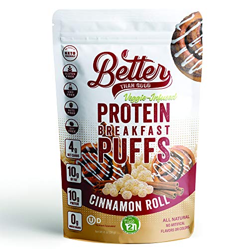 Better Than Good Sweet Keto, Gluten-Free Cinnamon Roll Crunch Protein Puffs (2.2oz Bag 1-Pack) - Paleo, Low Sugar, Low Calorie, Diabetic Friendly Snacks | 10g Protein & 2 Servings of Fruits & Veggies