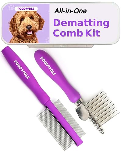 Poodoodle Pain-Free Dematting Comb Kit for Dogs & Cats, Dematting Rake & Detangling Dual-Side Comb Set, Dematting Brush for Dogs & Cats, Pet Grooming Tools Kit for Poodle Doodle & All Long Haired Pets