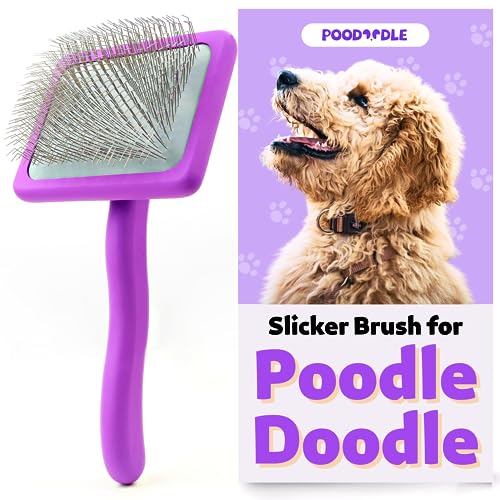Poodoodle Dog Slicker Brush for Poodles & Doodles, Long Pin Wood Dog Brush for Long Haired Dogs, Tailored for Poodles, Goldendoodles, Labradoodles & All Doodle Mix, Poodle Brush for Grooming - Small